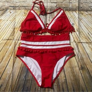 NEW Cocoship Red White Pom Pom High Waisted Bikini